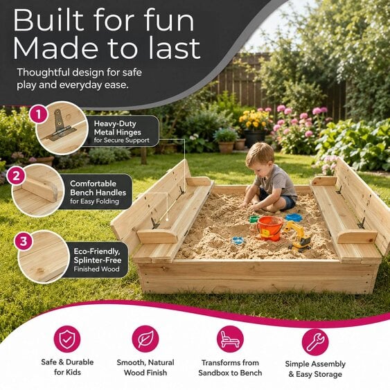 Neo Outdoor Wooden Kids Sandbox Sandpit Folding Bench Lid