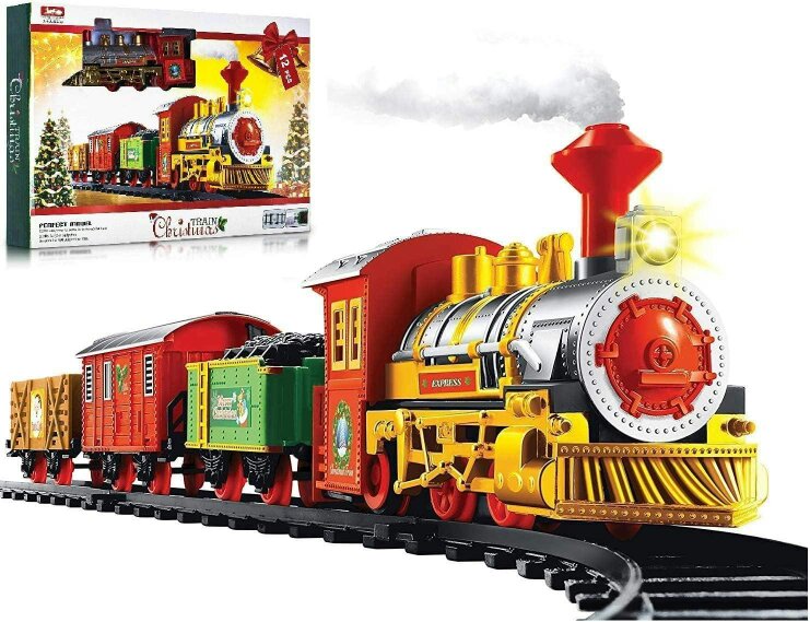 MANTRARAJ 12pcs Christmas Train Set Track Deluxe Musical Sound Light Around Tree Decoration Xmas