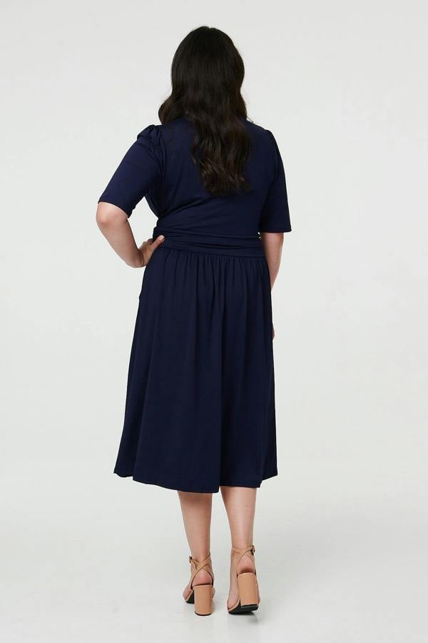 Navy | Curve Ruched Waist Faux Wrap Midi Dress