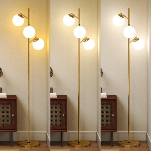 Wyld Haus Lidi Metal Gold Tone 3 Light Tree Floor Lamp With Globe Shades Adjustable Colour Light