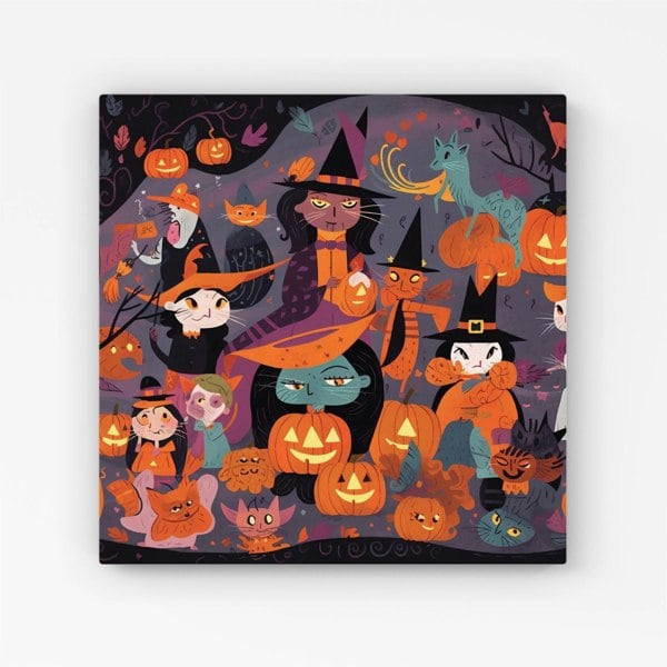 Warren Reed A Vibrant Illustration Of Witches And Pumpkin Canvas