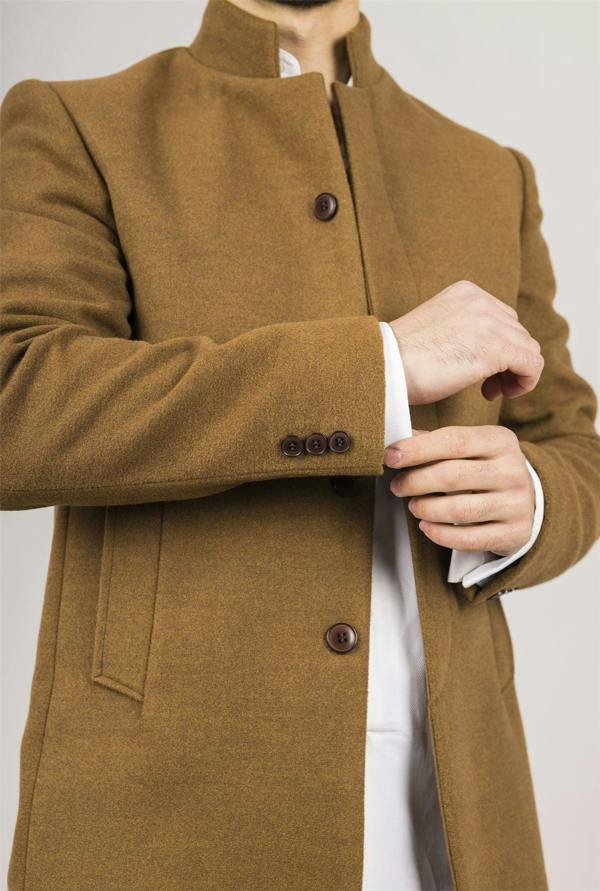Infinity Leather Men's Tan Stand Collar Wool Blend Overcoat