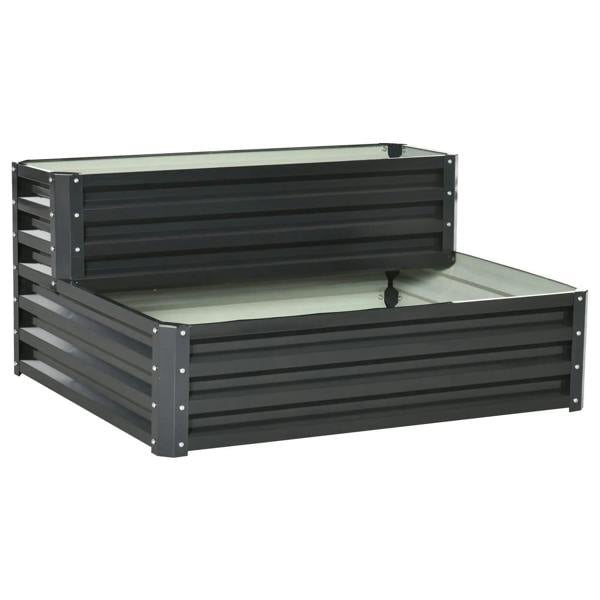 Dark grey two-tier raised garden planter box with open bottom, galvanized sides