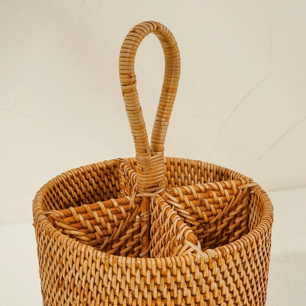 Honey brown rattan spatula holder top view handwoven kitchen storage