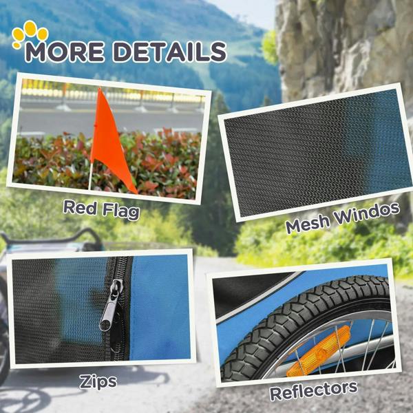 Blue pet trailer with mesh windows, zipper access, and reflector accents