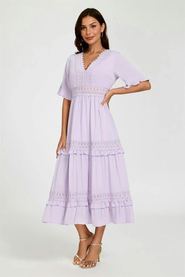 FS Collection V Neck Lace Detail Midi Dress In Purple