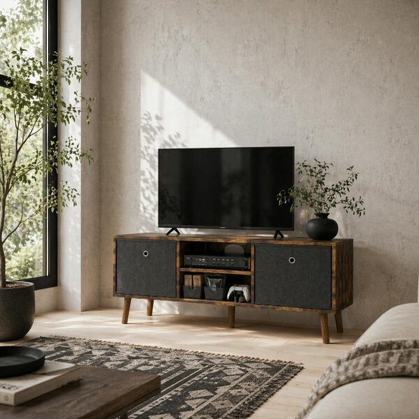Wyld Haus Dilo 110cm Wooden Rustic Brown TV Storage Cabinet With Fabric Fold Down Drawers For Screens Up To 50 Inches