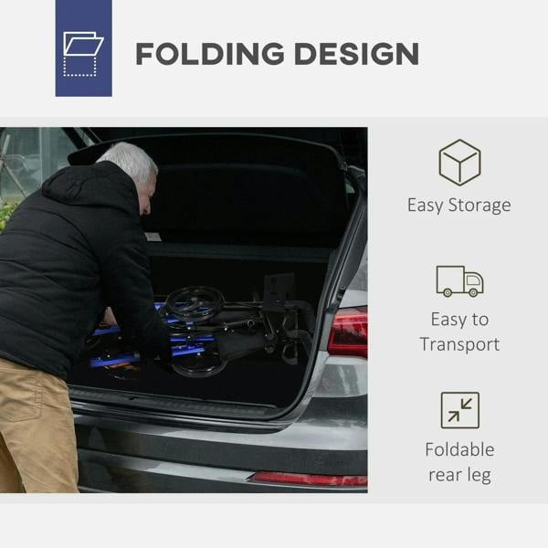 Foldable rear leg and storage pouch on a blue rollator walker