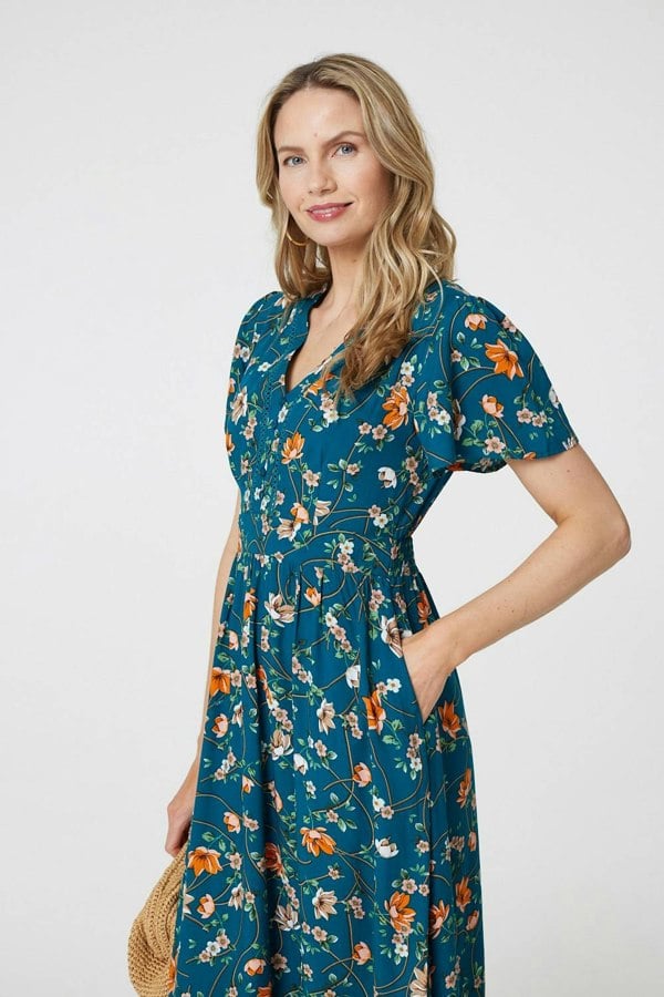 Teal | Floral Lace Trim Short Sleeve Midi Dress