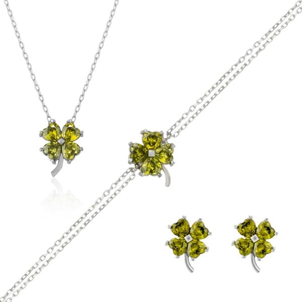 Spero London Four Leaf Clover Sterling Silver Stud Earrings Bracelet and Necklace Set - Mystic Green