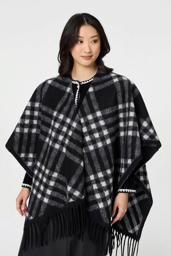 Black | Checked Fringed Oversized Poncho
