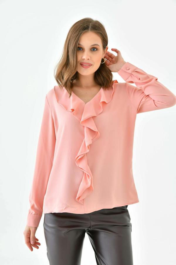 Hoxton Gal Oversized Long Sleeve Frilled Front Blouse Top in Pink