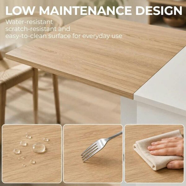 Folding Dining Table, Drop Leaf Table with 2-Tier Shelves, Rolling Casters, White and Natural