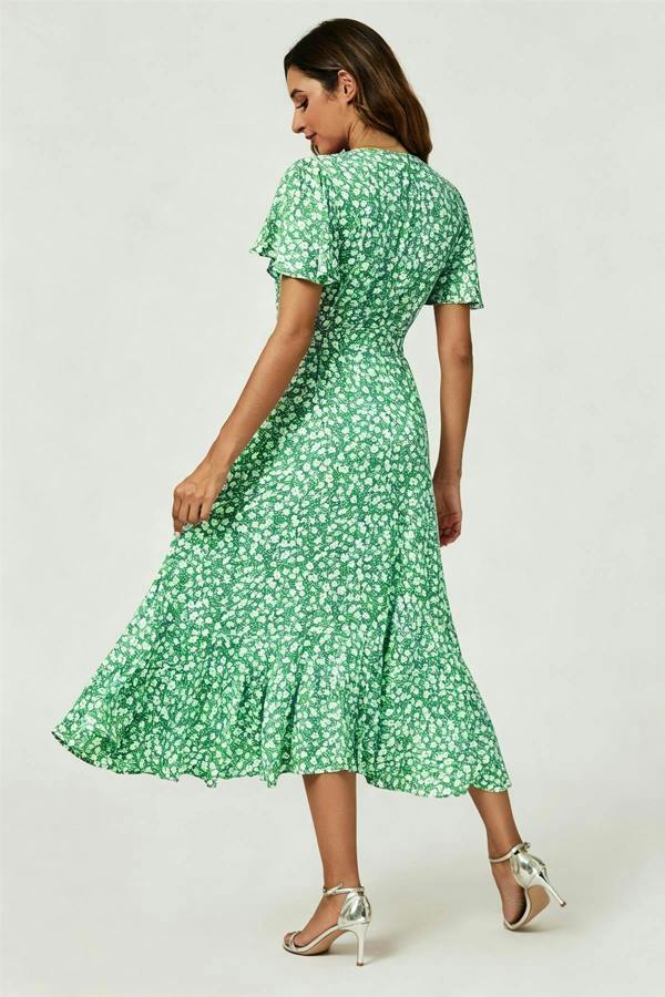 FS Collection Floral Print Midi Wrap Dress In Light Green