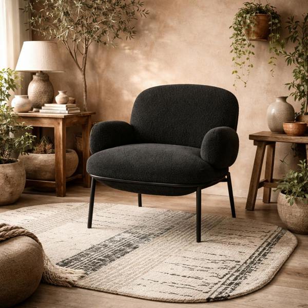 Wyld Haus Tritta Curved Black Sherpa Boucle Accent Chair Black Metal Legs