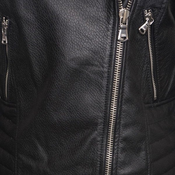 Real Leather Women’s Asymmetric Biker Jacket with Shoulder and Waist Detailing. This image focuses on the zips.