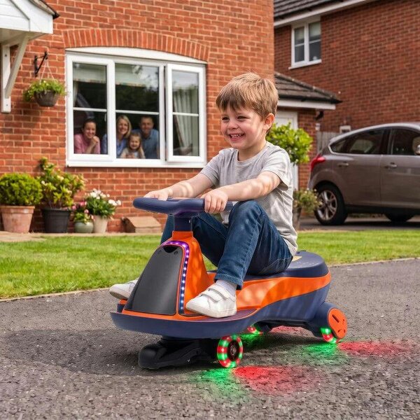 12V Electric Wiggle Car, 2-In-1 Kids Ride On Toy with 2 Speeds, Soft Start, PU Wheels, RGB Lights, Up to 60 kg, Orange