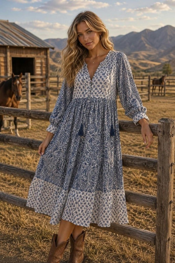 woodblock print midi dress in delicate blues - cotton voile with lining