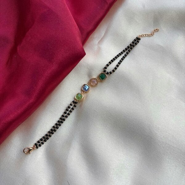 The Colourful Aura Minimalistic Black Beaded Multicolour Stone Slim Mangalsutra bracelet