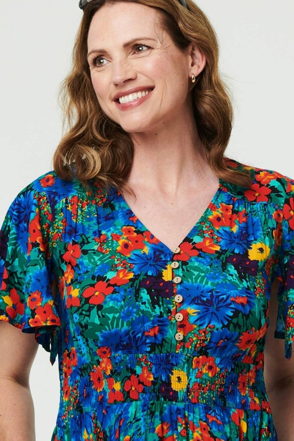 Blue | Floral Shirred Short Sleeve Midi Dress
