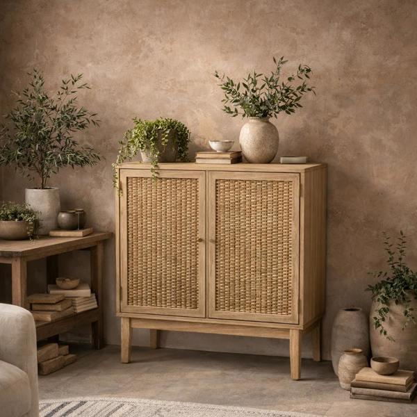 Wyld Haus Waterford Oak Wood and Rattan Small Sideboard 2 Doors