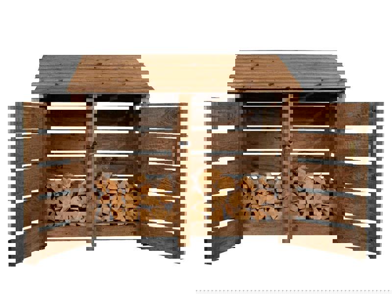 Arbor Garden Solutions Slatted Wooden Log Store with Door W-146cm, H-126cm or 180cm, D-88cm - Brown Finish