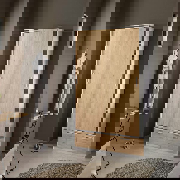 Furniture To Go Line Wardrobe with 2 Doors + 2 Drawers in White and Jackson Hickory Oak