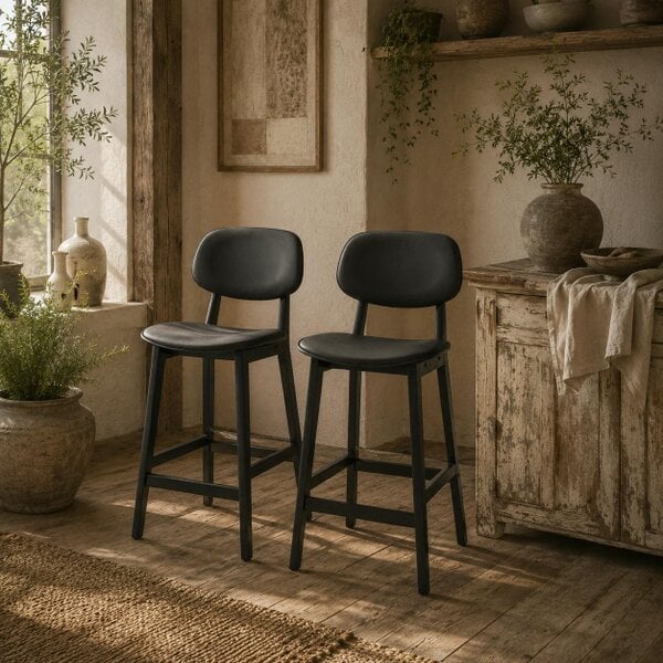 Wyld Haus Resono Solid Wood Black Classic Bar Stools Set Of 2 With Faux Leather Seats