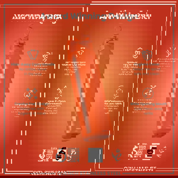 An orange, stainless steel water bottle sits upright; its features, including a hide-away handle and hygiene cover, are highlighted against a matching orange background. Award logos are displayed at the bottom.