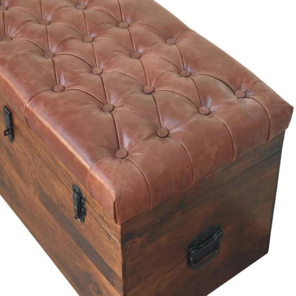 Artisan Furniture Solid Wood Brown Buffalo hide leather Storage Trunk