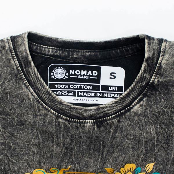Charcoal crew-neck t-shirt close-up with size label at neckline