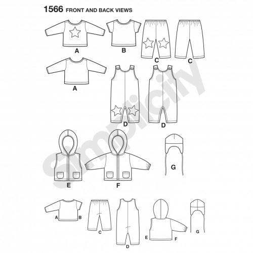 Simplicity Sewing Pattern 1566, Headwear, Trousers, Jumpsuits, Tops for Baby, XXS-XS-S-M-L - Easy