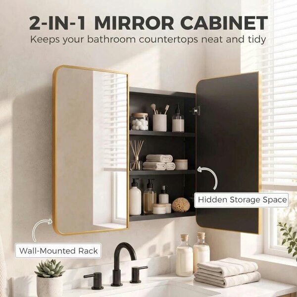 76.2 x 11.6 x 61 cm Bathroom Mirror Cabinet, Wall Cabinet with Adjustable Shelves, Wall-Mounted or Recessed, Gold Tone