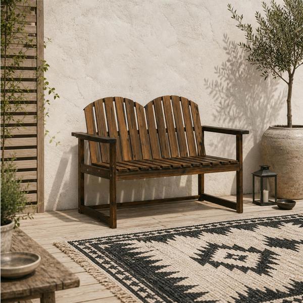 Wyld Haus Rozi Wood 2 Seater Outdoor Garden Bench With Slatted Back And Armrests