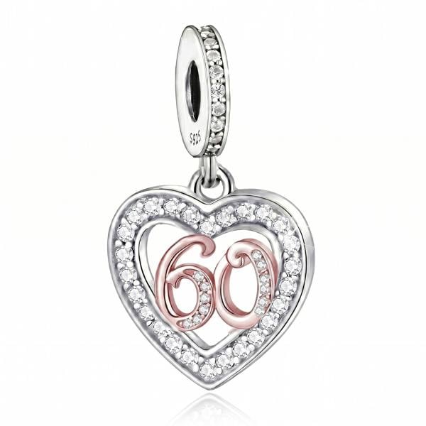 60th Birthday Charm Pandora Compatible 925 Sterling Silver Heart Dangle, Women Bracelet Gift