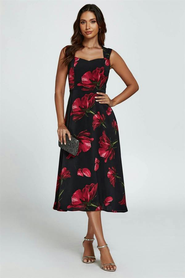 FS Collection Floral Print Heart Neck Midi Dress In Black