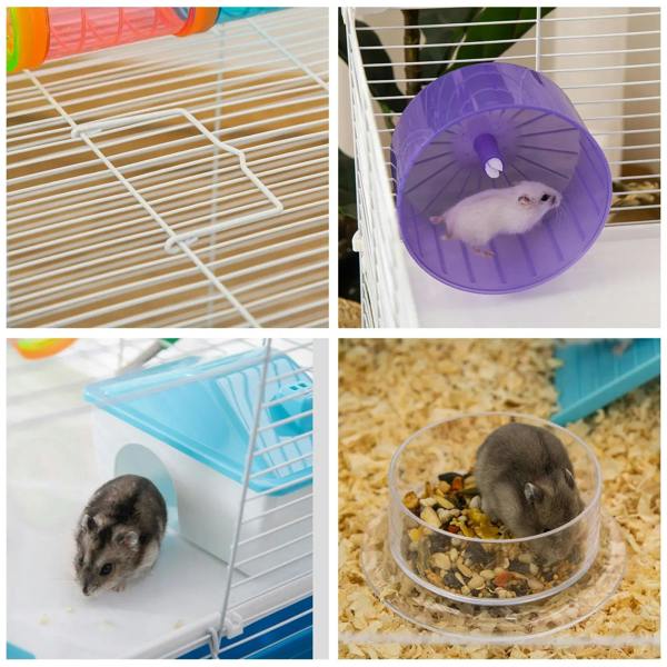 Hamster cage close-up with colorful tubes, purple exercise wheel, and food bowl area