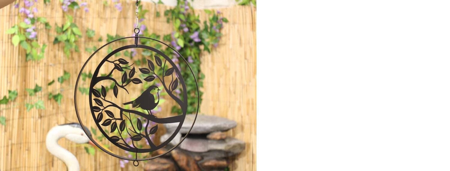 EDH Door Hardware Metal Robin in Tree Silhouette Wind Spinner Garden Ornament - Black 28cm - Eye-Catching Art for Outdoor Spaces