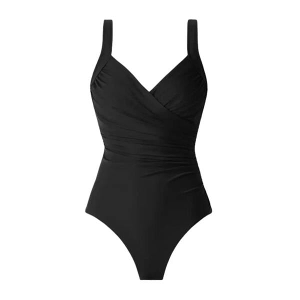 Black Miraclesuit Sanibel swimsuit with ruched deep V-neck and moderate leg