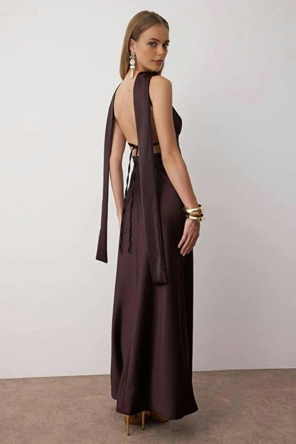 Hoxton Gal Maxi Satin Evening Dress with Shawl Detail