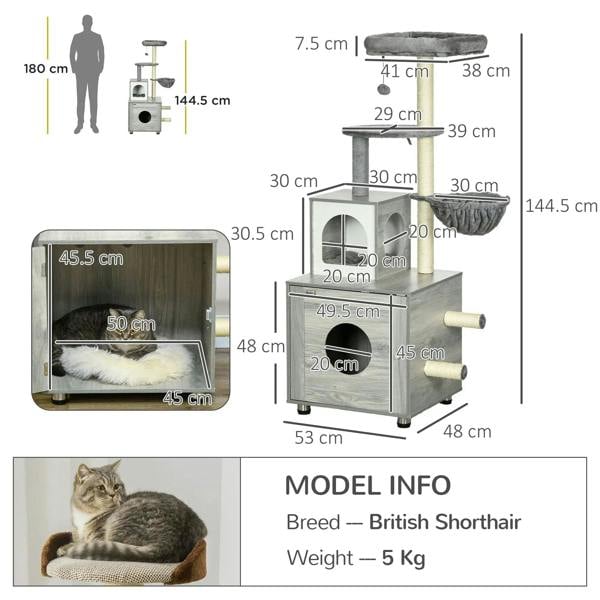 Cat litter box model diagram with dimensions, enclosed house, platforms, and scratching posts