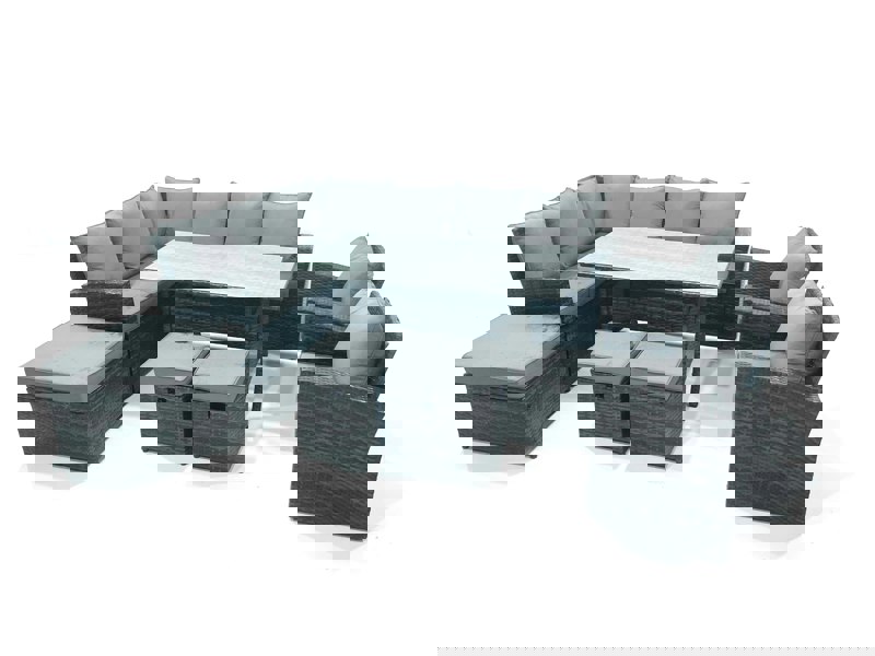 Fimous Outdoor Furniture Garden Dining Set Rattan Corner Sofa Set with 3 Footstools 2 Armchairs Dark Grey Mixed