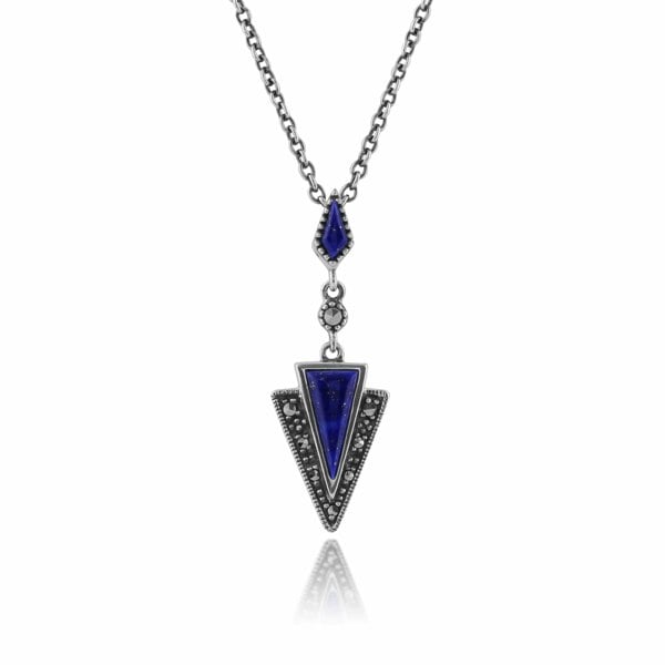 Art Deco Style Lapis Lazuli & Marcasite Pendant in 925 Sterling Silver - Gemondo