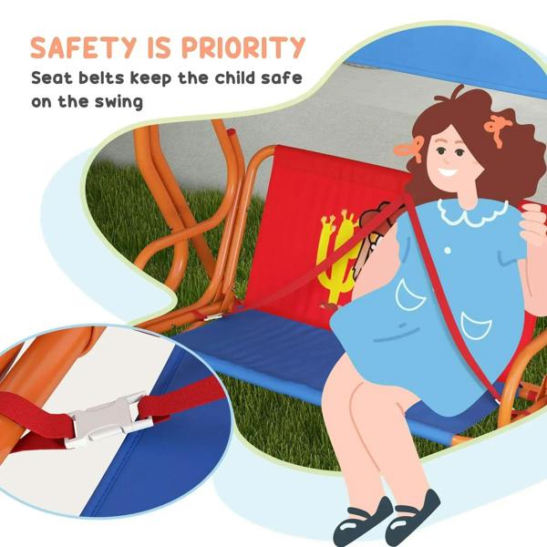 Kids swing with safety belts over the red cowboy seat cushion and blue canopy
