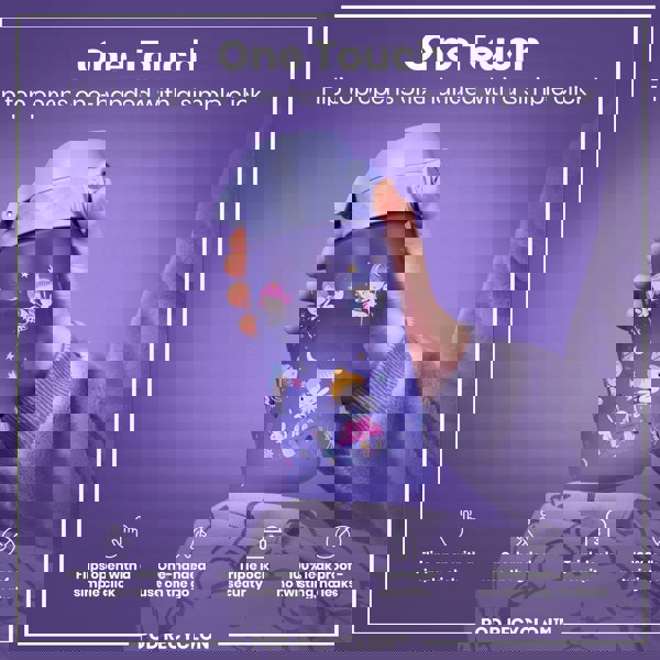 A purple water bottle, featuring a flip top, is being held; its design includes fairies and rabbits. The bottle's top opens one-handed with a simple click and has a triple lock security feature; it's 100% leak-proof.