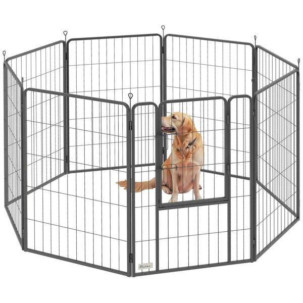 Eight-panel black dog playpen with hinged door and wire mesh panels