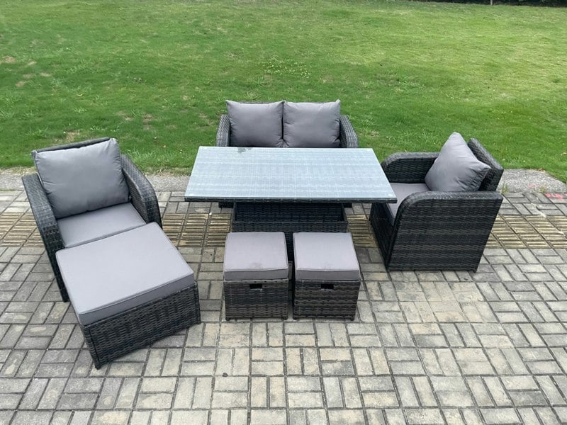 Fimous Wicker PE Rattan Furniture Garden Dining Set Outdoor Height Adjustable Rising lifting Table Love Sofa Chair With 3 Stools