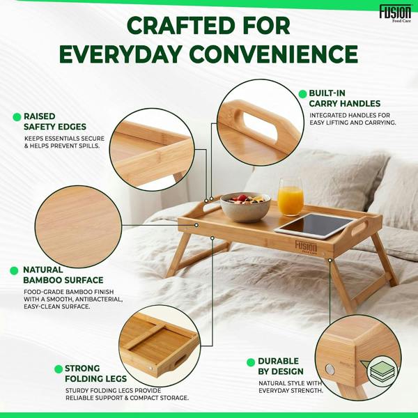 Fusion Food Care Bamboo Bed Tray Table with Foldable Legs And Handles Breakfast Tray for Sofa Bed Platters Lap Tray