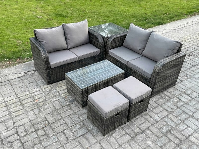 Fimous Outdoor Lounge Sofa Set Rattan Garden Furniture Set with Rectangular Coffee Table 2 Small Footstools Side Table Dark Grey Mixed