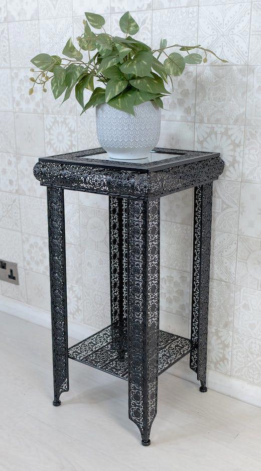 Black Embossed Metal Mirrored Glass Side Table with Shelf - Agadir range